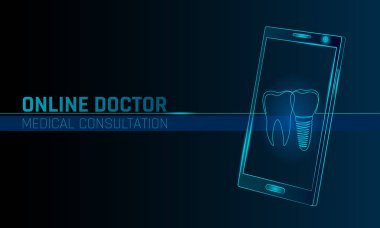 Doktor online tıbbi uygulaması mobil uygulamalar. Dijital Sağlık Tıp Tanı kavramı afiş. İnsan smartphone bir çizgi sürekli diş implant diş hekimliği teknoloji vektör çizim