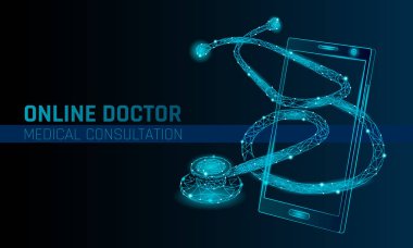 Doktor online tıbbi uygulaması mobil uygulamalar. Dijital Sağlık Tıp Tanı kavramı afiş. İnsan stetoskop Smartphone düşük poli geometrik yenilik teknoloji vektör çizim kontrol