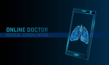 Doktor online tıbbi uygulaması mobil uygulamalar. Dijital Sağlık Tıp Tanı kavramı afiş. İnsan akciğerler göğüs hastalıkları smartphone düşük poli geometrik yenilik teknoloji vektör çizim