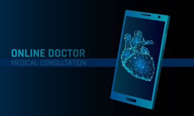 Doktor online tıbbi uygulaması mobil uygulamalar. Dijital heathcare Tıp Tanı kavramı afiş. İnsan kalbi smartphone düşük poli geometrik yenilik teknoloji vektör çizim