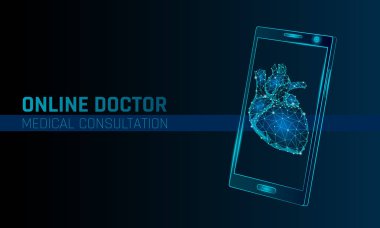 Doktor online tıbbi uygulaması mobil uygulamalar. Dijital heathcare Tıp Tanı kavramı afiş. İnsan kalbi smartphone düşük poli geometrik yenilik teknoloji vektör çizim