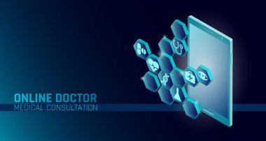 Doktor online tıbbi uygulaması mobil uygulamalar. Dijital Sağlık Tıp Tanı kavramı afiş. İnsan kalbi göz Dna simgesi altıgen yenilik teknoloji vektör çizim
