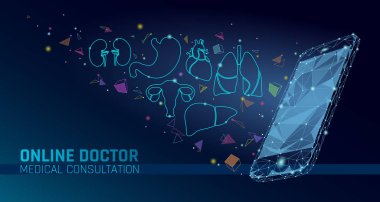 Doktor online tıbbi uygulaması mobil uygulamalar. Dijital Sağlık Tıp Tanı kavramı afiş. İnsan kalbi smartphone düşük poli geometrik yenilik teknoloji vektör çizim