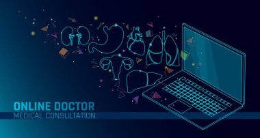 Doktor online tıbbi uygulaması mobil uygulamalar. Dijital Sağlık Tıp Tanı kavramı afiş. İnsan kalp akciğer karaciğer dizüstü yenilik teknoloji vektör çizim