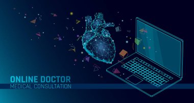 Doktor online tıbbi uygulaması mobil uygulamalar. Dijital Sağlık Tıp Tanı kavramı afiş. İnsan kalbi dizüstü düşük poli geometrik yenilik teknoloji vektör çizim