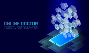 Doktor online tıbbi uygulaması mobil uygulamalar. Dijital Sağlık Tıp Tanı kavramı afiş. İnsan kalbi göz Dna simgesi altıgen yenilik teknoloji vektör çizim