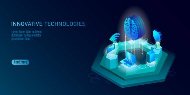 İzometrik yapay zeka iş kavramı. Mavi parlak izometrik kişisel bilgi veri bağlantı pc smartphone insan beyni geleceğin teknolojisi. 3D Infographic vektör çizim