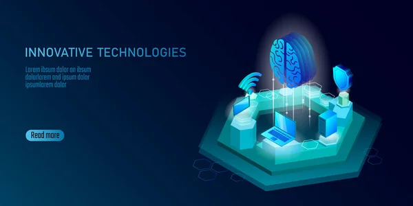 Ισομετρική τεχνητής νοημοσύνης της επιχειρηματικής ιδέας. Μπλε λαμπερό ισομετρική προσωπικές πληροφορίες τεχνολογία σύνδεσης δεδομένων pc smartphone ανθρώπινο εγκέφαλο μελλοντικά. 3D γράφημα εικονογράφηση διάνυσμα — Διανυσματικό Αρχείο