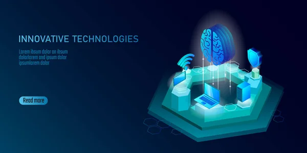 Izometrikus mesterséges intelligencia üzleti koncepció. Kék izzó izometrikus személyes adatok kapcsolat pc smartphone emberi agy jövőbeli informatika. 3D infographic vektoros illusztráció — Stock Vector