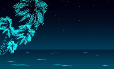 Deniz kıyısı gece mesire deniz tatil. Romantik tarih düğün seyahat eğlence kumlu sahili yıldızlı gökyüzü. Palm beach okyanus kıyısında vektör çizim. Tropikal su koyu mavi parlak renkli kroki