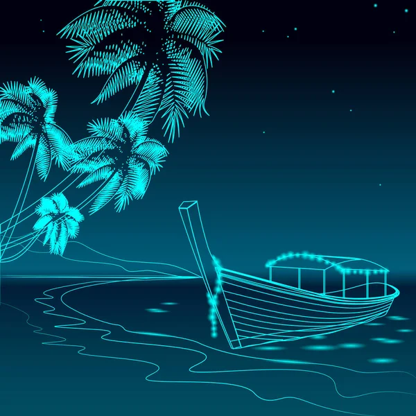 Båten natt promenaden havet semester. Romantisk datum bröllop resor fritid sandiga kusten stjärnhimmel. Palm beach ocean shore vektorillustration. Tropiska vatten skiss mörkblå glödande bakgrund — Stock vektor