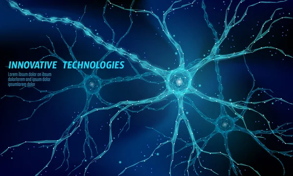 Menselijke neuron laag poly anatomie concept. Kunstmatig neuraal netwerk technologie wetenschap geneeskunde cloud computing. AI 3d abstract biologie systeem. Veelhoekige blauwe gloeiende vectorillustratie — Stockvector