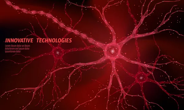 Ludzki neuron low poly Anatomia pojęcia. Sztuczne sieci neuronowe medycyna nauki technologii przetwarzania w chmurze. AI systemu 3d Abstrakcja biologii. Wielokątne czerwone świecące ilustracja wektorowa — Wektor stockowy