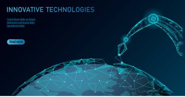 Robot kol düşük poli manipülatör. Dünya ekoloji derleme üçgen şekli oluşturun. Poligonal bağlı noktalar 3d render robot yapay makine yenilik teknoloji el vektör çizim