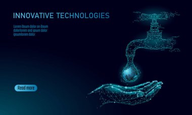 Suyu düşük polimerden kurtarın. Çokgen üçgen ekoloji gezegeni okyanus güvenliği bayrağı. Su damlası sızıntısı doğayı düzeltir küresel çevre bakımı gündüz vektör illüstrasyonu