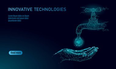 Suyu düşük polimerden kurtarın. Çokgen üçgen ekoloji gezegeni okyanus güvenliği bayrağı. Su damlası sızıntısı doğayı düzeltir küresel çevre bakımı gündüz vektör illüstrasyonu