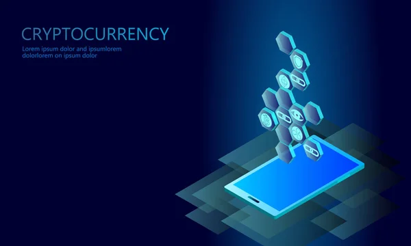 Izometrikus internet cryptocurrency érme üzleti koncepció. Kék izzó izometrikus Bitcoin Ethereum Ripple érme pénzügyi bányászati pc smartphone a jövő technológiája. 3D infographic vektoros illusztráció — Stock Vector