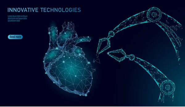 Cirurgia cardíaca robótica baixa poli. Procedimento cirúrgico de cardiologia poligonal. Manipulador de braços de robô. Moderna tecnologia inovadora de automação de ciência da medicina. Triângulo 3D renderizar forma vetor ilustração — Vetor de Stock