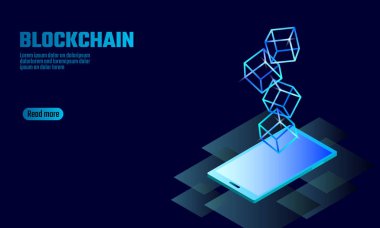 Blockchain küp zinciri sembol smartphone becerikli alet ekranda. Mavi neon parlayan modern eğilim. Cryptocurrency finans bitcoin iş kavramı vektör çizim arka plan şablonu