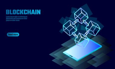 Blockchain küp zinciri sembol smartphone becerikli alet ekranda. Mavi neon parlayan modern eğilim. Cryptocurrency finans bitcoin iş kavramı vektör çizim arka plan şablonu