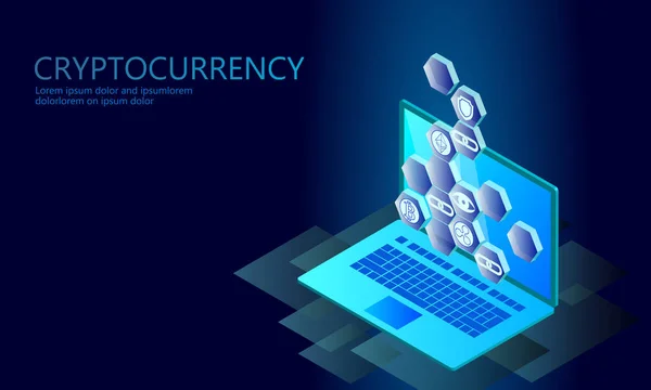 Isometrische Internet-Kryptowährung Coin Business-Konzept. blau glühende isometrische Bitcoin Ethereum Ripple Coin Finance Mining PC Laptop Zukunftstechnologie. 3D Infografik Vektor Illustration — Stockvektor