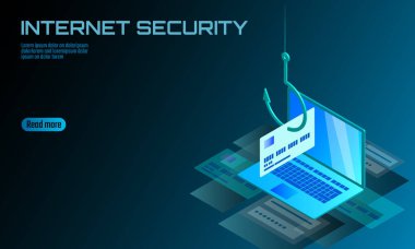 İzometrik 3d dizüstü kredi kartı cvv parola kimlik avı. Kişisel bilgi hesap e-posta çevrimiçi dolandırıcılık hacker. Virüsten koruma Internet güvenlik spam kavramı banner şablon kartı vektör çizim spam