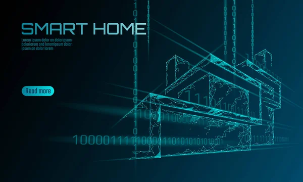 Smart house codice binario a basso poli concetto. Analisi delle informazioni di controllo online. Internet delle cose tecnologia domotica sistema. Bandiera di illustrazione vettoriale triangolo poligonale incandescente blu — Vettoriale Stock