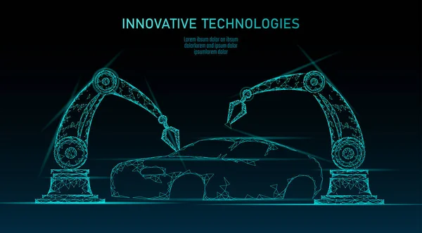 Tecnología de automatización de automóviles de montaje de brazo robótico de polietileno bajo. Soldador industrial de la máquina del robot de la fábrica. Auto cuerpo de soldadura androide mano polígono azul triángulo geométrico vector ilustración — Archivo Imágenes Vectoriales