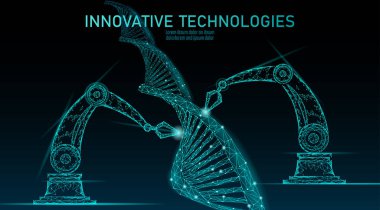 Düşük poli kimyasal Dna sentezi bilim kavramı. Çokgen laboratuvar Kimya genetik mühendisliği reaktör. Modern yenilik evrim organizma teknoloji ürün Laboratuvarı Robot AI vektör çizim