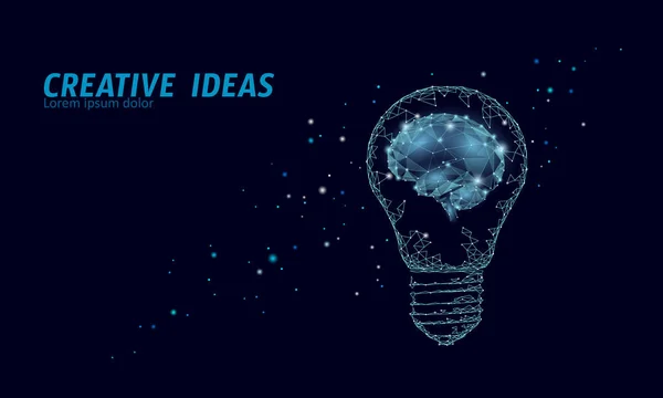 Idea creativa bombilla cielo estrellado noche. Bajo poli poligonal negocio lluvia de ideas puesta en marcha azul oscuro espacio moderna lámpara geométrica 3d. Invención cerebro forma inspiración banner vector ilustración — Vector de stock