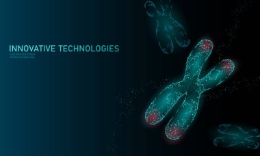 Chromosome DNA structure medicine concept. Low poly polygonal telomere genetic disease aging process. GMO engineering CRISPR Cas9 innovation modern technology science banner vector illustration clipart