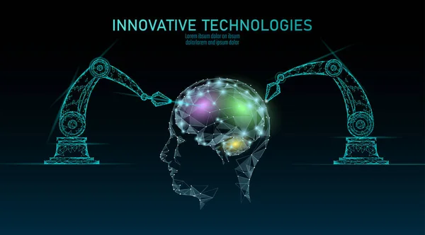 Nízké poly robot mozek strojového učení. Inovace technologie umělé inteligence lidské kyber inteligentní data. Virtuální realita digitální nebezpečí varování polygonální obchodní technologie koncept. — Stockový vektor