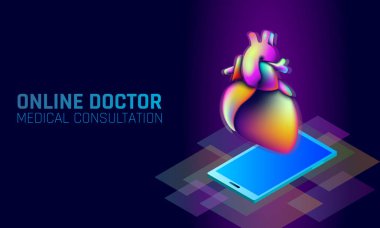Doktor online tıbbi uygulaması mobil uygulamalar. Dijital Sağlık Tıp gradyan rengi parlak canlı sıvı 3d plastik. Neon sorun hologram şekil yenilik teknoloji vektör çizim