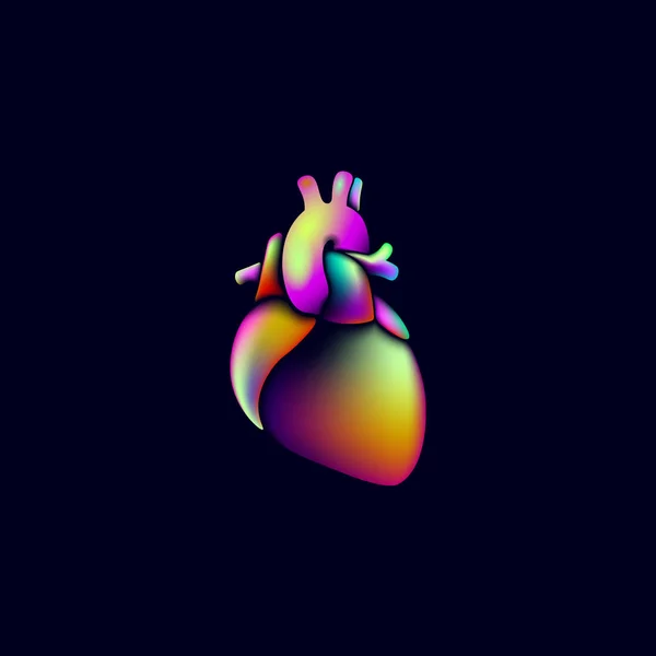 Colorato vibrante colore cuore forma medicina logo segno. Cuore umano anatomico gradiente fluido iridescente disegno futuristico olografico brillante al neon. Illustrazione vettoriale di rendering 3D in plastica geometrica rotonda — Vettoriale Stock