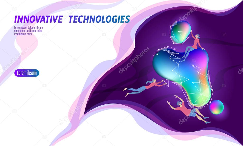 3D augmented reality virtual media space. Small men around glowing neon fluid liquid color sphere. Digital entertainment innovation home technology render gradient dynamic vector illustration