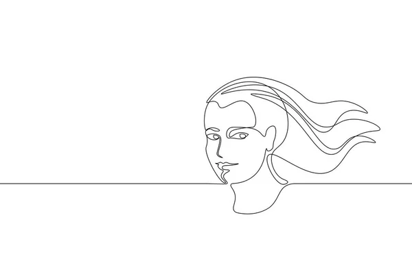 Continuous one single line art girl face concept. Beautiful woman portrait fashion hair hand drawn sketch. Beauty happy smiling young lady side head black white monochrome vector illustration — Stock Vector