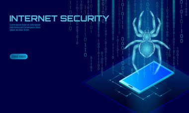 İzometrik 3d örümcek hacker saldırı tehlike. Web güvenlik virüs veri Emanet virüsten koruma kavramı. Akıllı telefon kilit tasarım iş kavramı. Siber suç web böcek böcek teknoloji vektör çizim