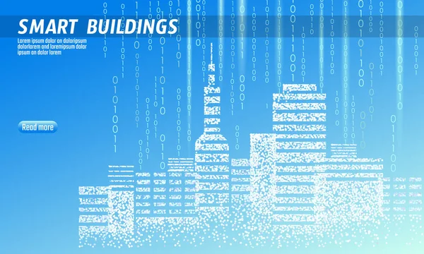 스마트 시티 3d 얼룩된 점입니다. 지능형 빌딩 자동화 시스템 사업 개념입니다. 웹 온라인 컴퓨터 이진 코드입니다. 건축 도시 경관 기술 스케치 배너 벡터 일러스트 레이 션 — 스톡 벡터