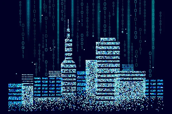 Cidade inteligente 3D manchado pontos. Conceito de negócio de sistema de automação de edifícios inteligente. Web código binário de computador online. Arquitetura urbana cityscape tecnologia esboço banner vetor ilustração —  Vetores de Stock