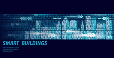Akıllı şehir akıllı bina otomasyon sistemi iş kavramı. İkilik sayı veri akışı. Mimarlık Kentsel cityscape teknoloji kroki afiş vektör çizim