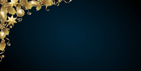 Realistic Christmas New Year red holly berry gold corner. Vintage winter holiday decoration design element background template 3d render mesh gradient seasonal golden vector illustration