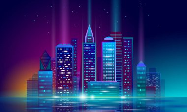 Akıllı şehir 3d neon parlayan cityscape. Akıllı Bina Otomasyonu gece futuristik iş kavramı. Web online canlı renk cyberpunk retrowave. Kentsel teknoloji afiş vektör çizim