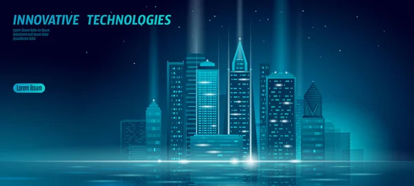 Ciudad inteligente 3D neón brillante paisaje urbano. Concepto de negocio futurista nocturno de automatización inteligente de edificios. Web en línea azul tecnología de futuro de color. Ilustración de vector de banner urbano — Vector de stock