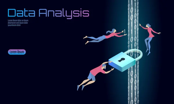 Analyse sécurisée des données traitement concept d'entreprise. Informations personnelles sécurité isométrique bande dessinée cadenas flux de code binaire. Les gens travaillent à résoudre des problèmes. Illustration vectorielle de fond de bannière Web — Image vectorielle