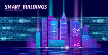 Akıllı şehir 3d neon parlayan cityscape. Akıllı Bina Otomasyonu gece futuristik iş kavramı. Web online canlı renk cyberpunk retrowave. Kentsel teknoloji afiş vektör çizim