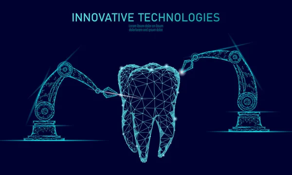 3D diş yenilik robot kol Çokgen kavramı. Stomatology sembolü düşük poli üçgen soyut ağız diş tıbbi bakım iş. Bağlı nokta parçacık modern render mavi vektör çizim