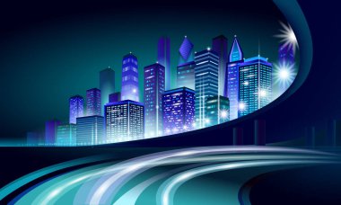 Akıllı şehir 3d neon parlayan cityscape. Akıllı Bina Otomasyonu gece futuristik iş kavramı. Web online canlı renk cyberpunk retrowave. Kentsel teknoloji afiş vektör çizim