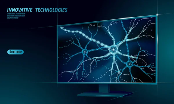 Menselijke neuron laag poly anatomie concept. Kunstmatig neuraal netwerk technologie slim huis display cloud computing. AI 3d abstract biologie systeem. Veelhoekige blauwe gloeiende vectorillustratie — Stockvector