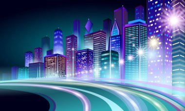 Akıllı şehir 3d neon parlayan cityscape. Akıllı Otoban yol gece futuristik iş kavramı bina. Web online canlı renk cyberpunk retrowave. Kentsel teknoloji afiş vektör çizim