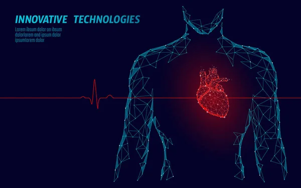 Mann Silhouette gesundes Herz schlägt 3D Medizin Modell Low Poly. Dreieck verbunden Punkte leuchten Punkt roten Hintergrund. Pulsinterner Körper moderne innovative Technologie rendern Vektor Illustration — Stockvektor